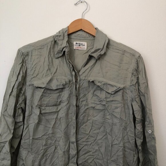 HOLDING HORSES ANTHROPOLOGIE Sunwashed Tunic Top Green Long Sleeve Button Down - Picture 4 of 11